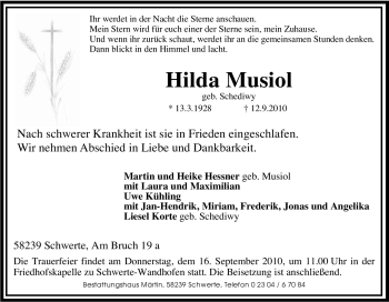 Traueranzeige von Hilda Musiol von Tageszeitung