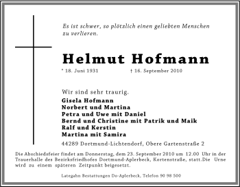 Traueranzeige von Helmut Hofmann von Tageszeitung
