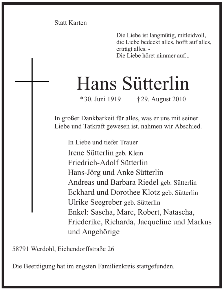  Traueranzeige für Hans Sütterlin vom 03.09.2010 aus Tageszeitung