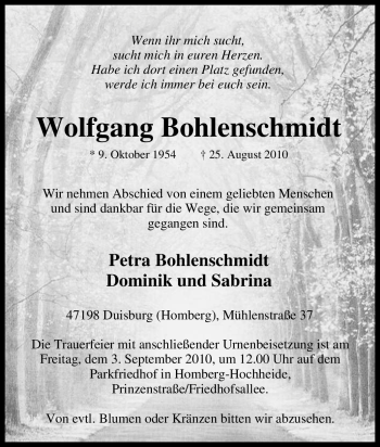 Traueranzeige von Wolfgang Bohlenschmidt von Tageszeitung