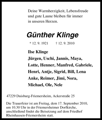Traueranzeige von Günther Klinge von Tageszeitung