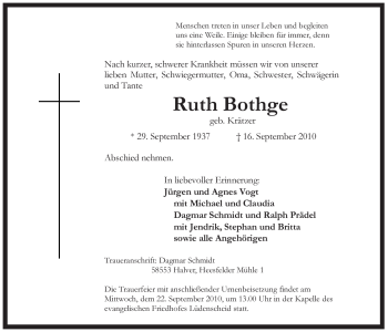 Traueranzeige von Ruth Bothge von Tageszeitung