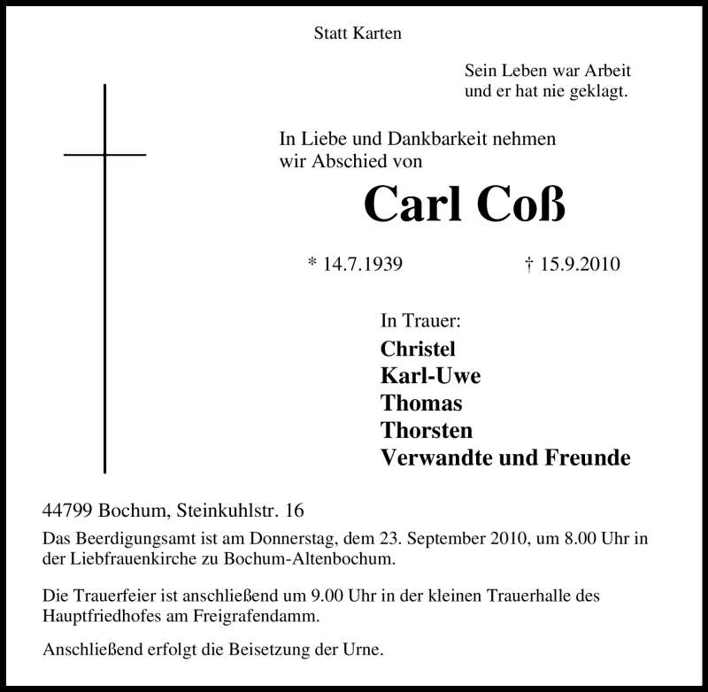  Traueranzeige für Carl Coß vom 18.09.2010 aus Tageszeitung