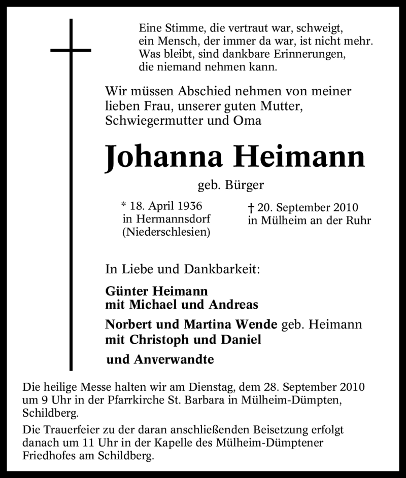  Traueranzeige für Johanna Heimann vom 25.09.2010 aus Tageszeitung