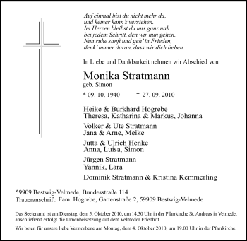 Traueranzeige von Monika Stratmann von Tageszeitung