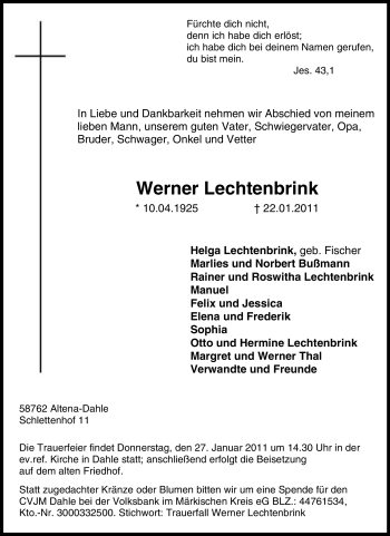 Traueranzeige von Werner Lechtenbrink von Tageszeitung