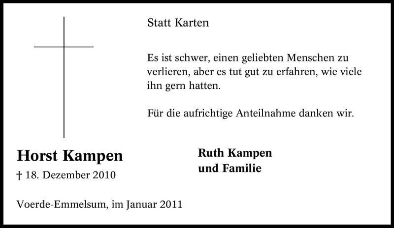  Traueranzeige für Horst Kampen vom 29.01.2011 aus Tageszeitung