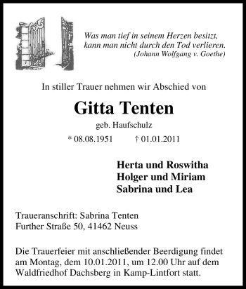 Traueranzeige von Gitta Tenten von Tageszeitung