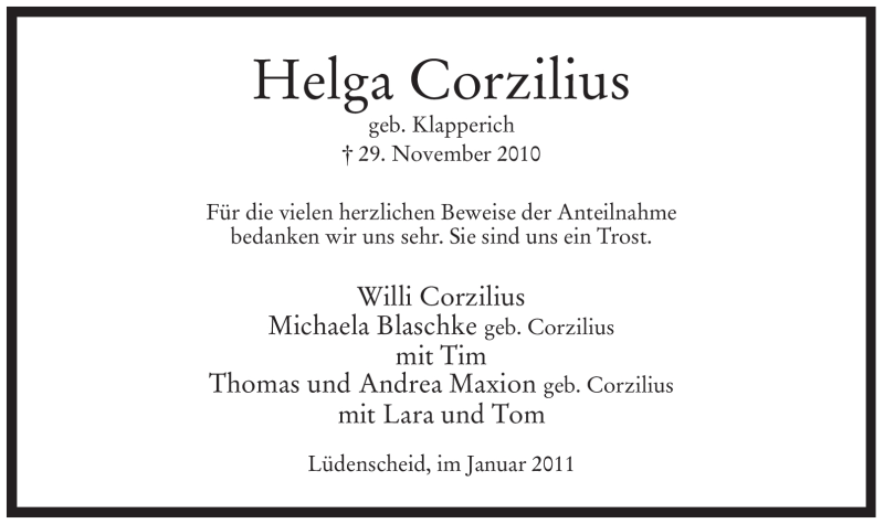 Traueranzeige für Helga Corzilius vom 18.01.2011 aus Tageszeitung