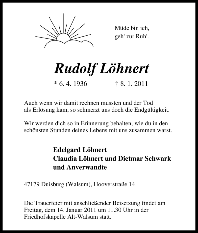  Traueranzeige für Rudolf Löhnert vom 11.01.2011 aus Tageszeitung