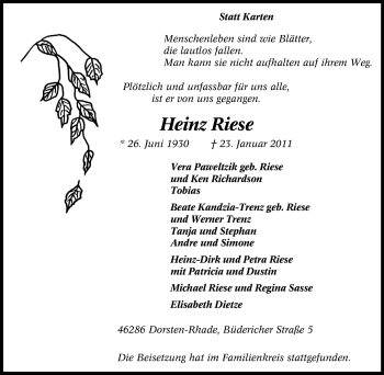 Traueranzeige von Heinz Riese von Tageszeitung