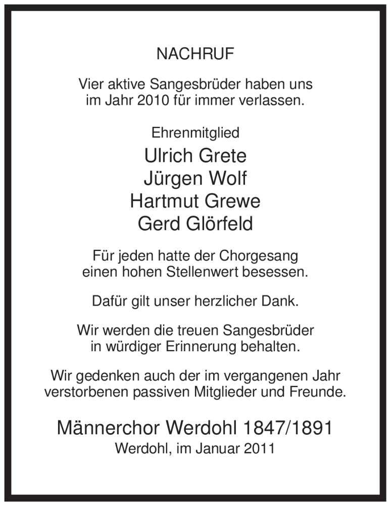  Traueranzeige für Jürgen Wolf vom 12.01.2011 aus Tageszeitung