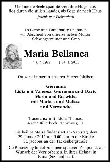 Traueranzeige von Maria Bellanca von Tageszeitung
