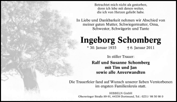 Traueranzeige von Ingeborg Schomberg von Tageszeitung