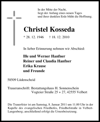 Traueranzeige von Christel Kosseda von Tageszeitung