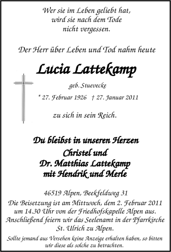 Traueranzeige von Lucia Lattekamp von Tageszeitung