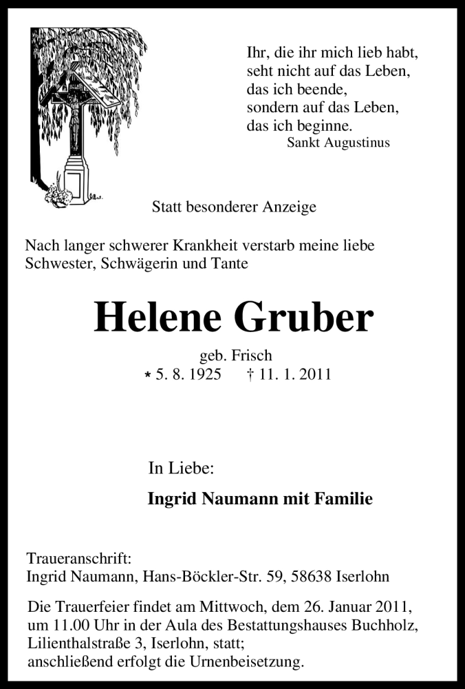  Traueranzeige für Helene Gruber vom 19.01.2011 aus Tageszeitung