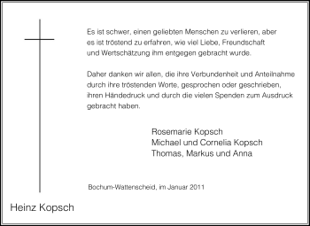 Traueranzeige von Heinz Kopsch von Tageszeitung