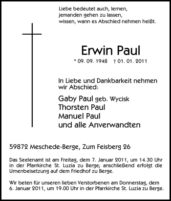 Traueranzeige von Erwin Paul von Tageszeitung