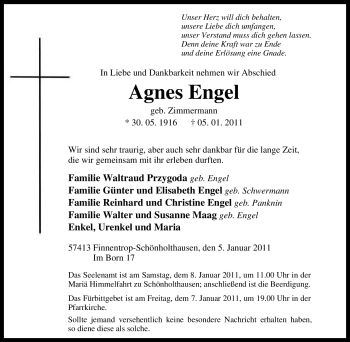 Traueranzeige von Agnes Engel von Tageszeitung