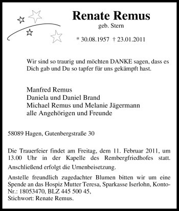 Traueranzeige von Renate Remus von Tageszeitung