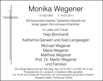 Traueranzeigen von Monika Wegener TrauerinNRW.de