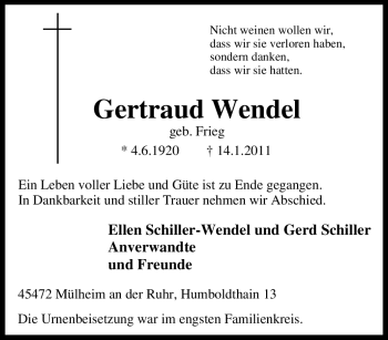 Traueranzeige von Gertraud Wendel von Tageszeitung