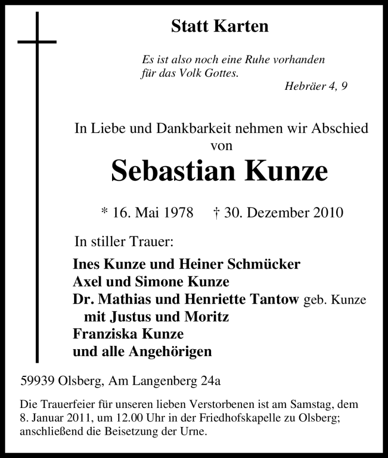  Traueranzeige für Sebastian Kunze vom 05.01.2011 aus Tageszeitung