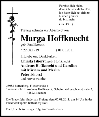 Traueranzeige von Marga Hoffknecht von Tageszeitung
