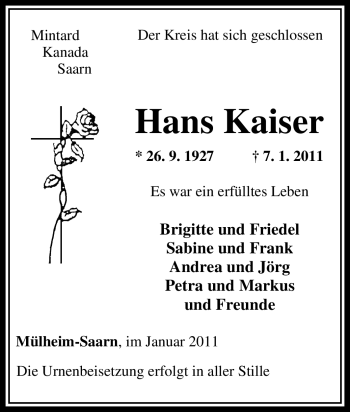 Traueranzeige von Hans Kaiser von Tageszeitung