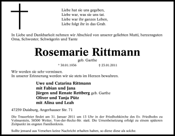 Traueranzeige von Rosemarie Rittmann von Tageszeitung