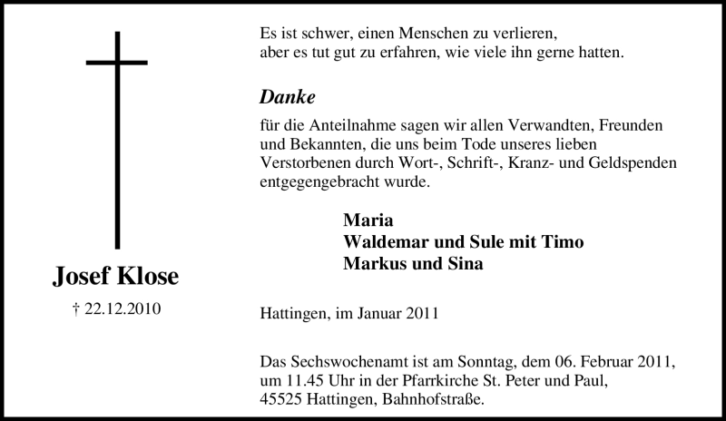  Traueranzeige für Josef Klose vom 15.01.2011 aus Tageszeitung