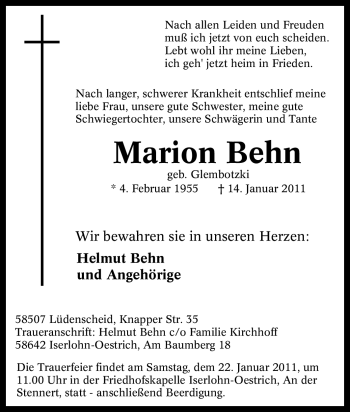 Traueranzeige von Marion Behn von Tageszeitung