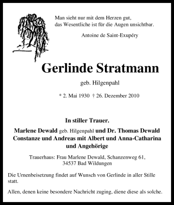 Traueranzeige von Gerlinde Stratmann von Tageszeitung