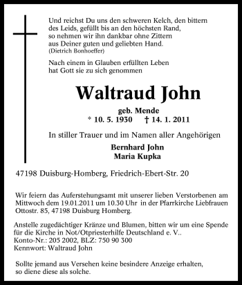 Traueranzeige von Waltraud John von Tageszeitung