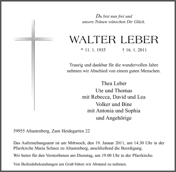 Traueranzeige von Walter Leber von Tageszeitung
