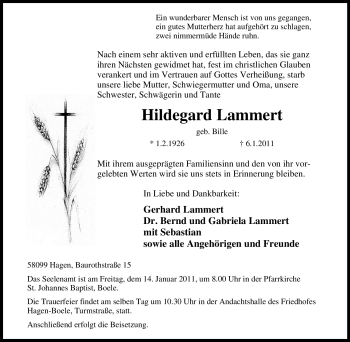 Traueranzeige von Hildegard Lammert von Tageszeitung