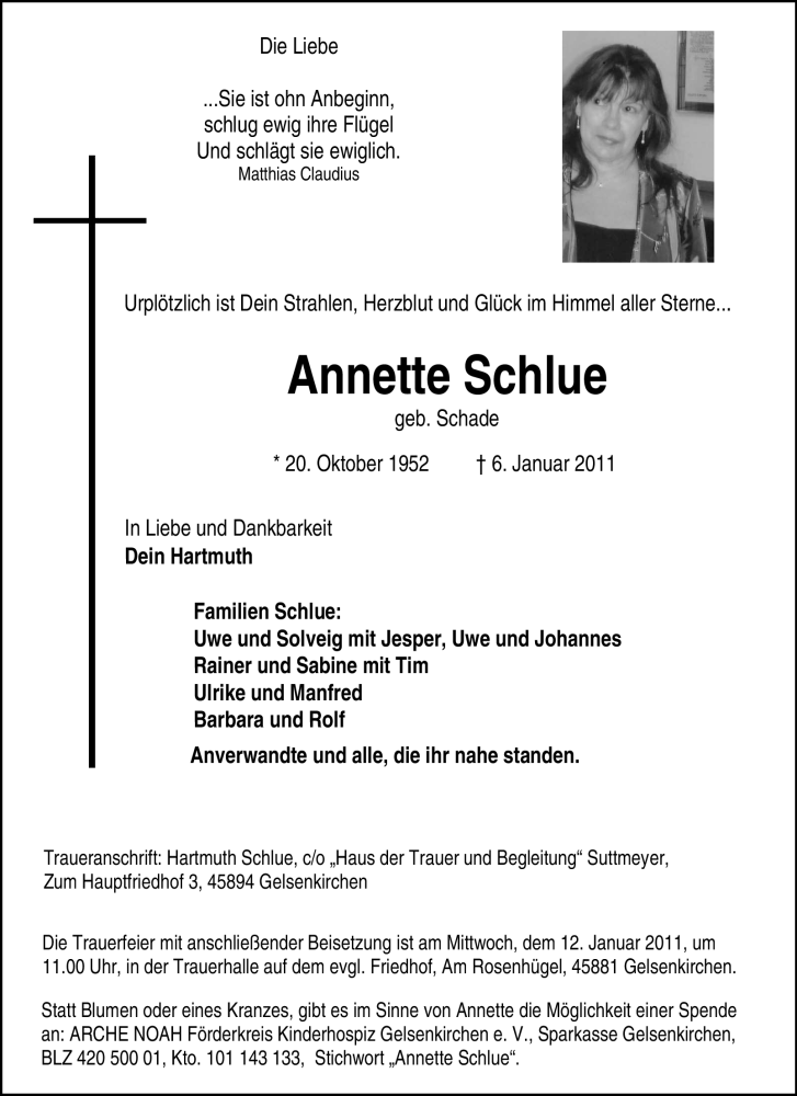  Traueranzeige für Annette Schlue vom 10.01.2011 aus Tageszeitung