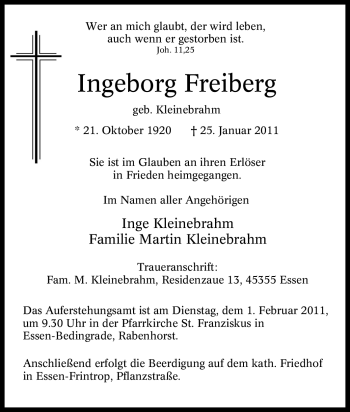 Traueranzeige von Ingeborg Freiberg von Tageszeitung