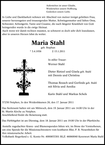 Traueranzeige von Maria Stahl von Tageszeitung