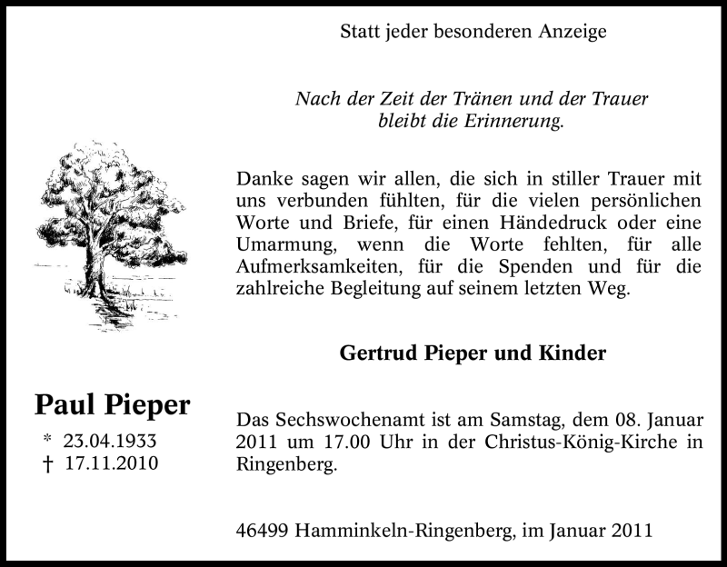  Traueranzeige für Paul Pieper vom 05.01.2011 aus Tageszeitung