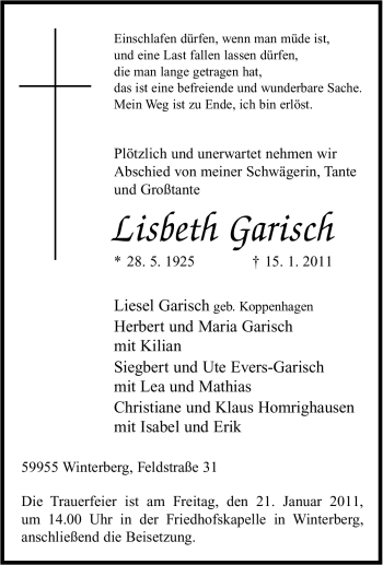 Traueranzeige von Lisbeth Garisch von Tageszeitung