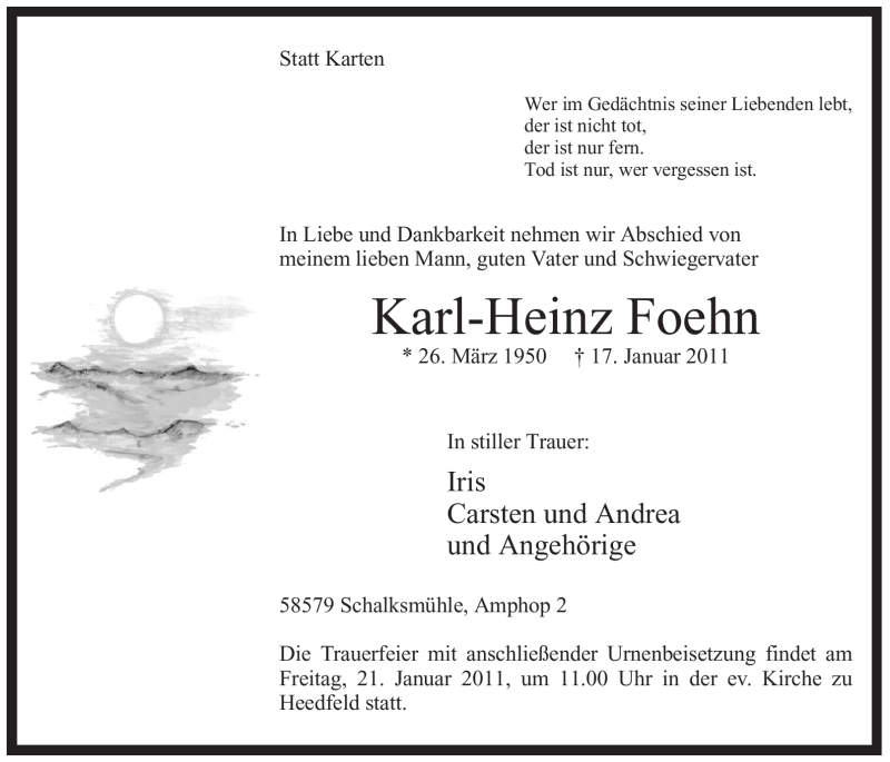  Traueranzeige für Karl-Heinz Foehn vom 18.01.2011 aus Tageszeitung