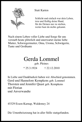 Traueranzeige von Gerda Lommel von Tageszeitung