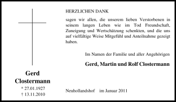 Traueranzeige von Gerd Clostermann von Tageszeitung