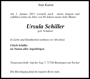 Traueranzeige von Ursula Schiller von Tageszeitung