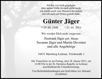 Traueranzeige von Günter Jäger von Tageszeitung
