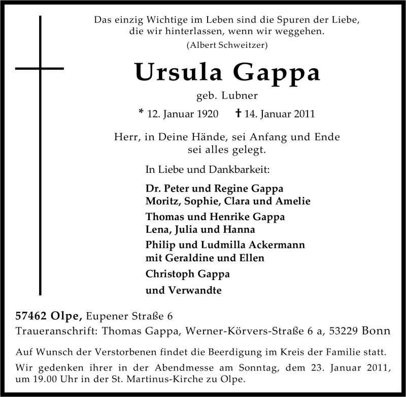  Traueranzeige für Ursula Gappa vom 17.01.2011 aus Tageszeitung
