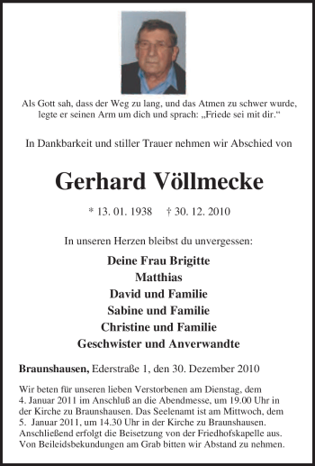 Traueranzeige von Gerhard Völlmecke von Tageszeitung