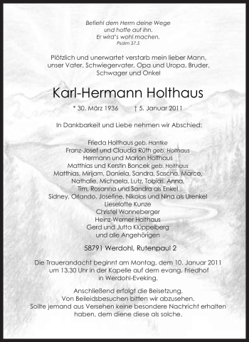 Traueranzeige von Karl-Hermann Holthaus von Tageszeitung